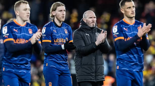 Blackpool's manager Michael Appleton (2nd right) applauds his side's travelling supporters at the end of the match 

The EFL Sky Bet Championship - Watford v Blackpool - Saturday 14th January 2023 - Vicarage Road - Watford