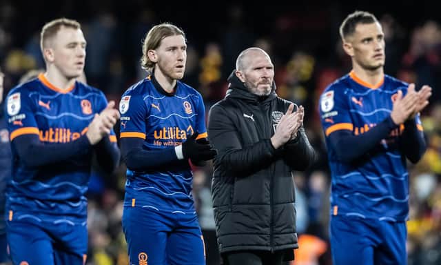 Blackpool's manager Michael Appleton (2nd right) applauds his side's travelling supporters at the end of the match 

The EFL Sky Bet Championship - Watford v Blackpool - Saturday 14th January 2023 - Vicarage Road - Watford