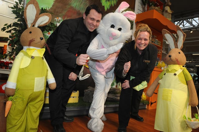 Staff at Bents Garden Centre, Glazebury, Matthew Dickenson and Geraldine Evans, right, with the Easter Bunny, are looking forward to the Bunny Hop event, where members of the public can walk or run from the garden centre, through local woodland and back, to raise funds for Epilepsy Action charity.