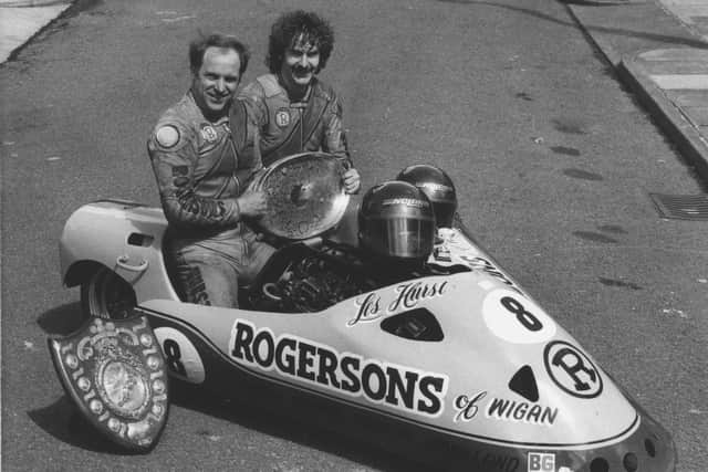 Motorcycle and side-car star Les Hurst (left) with passenger Eric Ammann, whose Rogerson's sponsorship helped them compete all over Britain and Europe