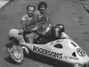 Motorcycle and side-car star Les Hurst (left) with passenger Eric Ammann, whose Rogerson's sponsorship helped them compete all over Britain and Europe