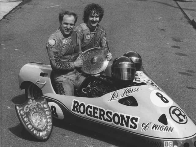 Motorcycle and side-car star Les Hurst (left) with passenger Eric Ammann, whose Rogerson's sponsorship helped them compete all over Britain and Europe