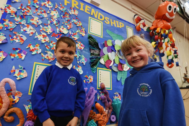 Pupils showcase their work and displays at Winstanley Community Primary School, Winstanley, Wigan.