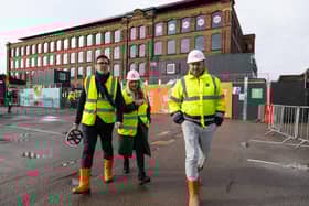 The Mayor of Greater Manchester Andy Burnham is given a VIP tour of the Cotton Works mill in Wigan by John Heaton, Managing Director of Heaton Group. With them is Wigan Council chief executive Alison McKenzie-Folan