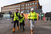 The Mayor of Greater Manchester Andy Burnham is given a VIP tour of the Cotton Works mill in Wigan by John Heaton, Managing Director of Heaton Group. With them is Wigan Council chief executive Alison McKenzie-Folan