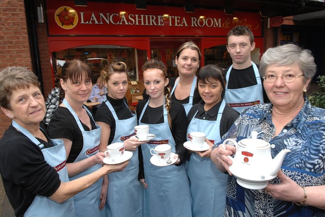 Lynn Hitchin owner of Lancashire Tea Rooms at The Galleries Shopping Arcade, right, with staff , from left, Doreen Clements, Gail McDonagh, Stacey Corey, Pam Seddon, Terry Stoddart, Sharon Leyland and Greg Stanton.