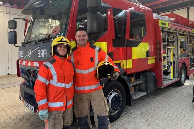 Laura Nuttall at Oldham fire station with firefighter Aaron Lee