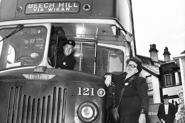 Wigan Corporation bus conductress Anne Walsh, aged 60, on her last day of work before retiring on Wednesday 12th of January 1972.
Anne first became a clippie in 1940 but was made redundant 6 years later before being back on the buses in 1952
She is pictured with driver Dick Broomhead who was her bus driver mate for the last 7 years.