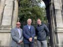 Left to right: Keith Bergman (general manager, Haigh Woodland Park), Coun David Molyneux MBE (Leader, Wigan Council) and Stuart Holden (Be Well Wigan service manager) outside the Plantation Gates