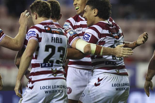 Patrick Mago celebrates his first try for Wigan