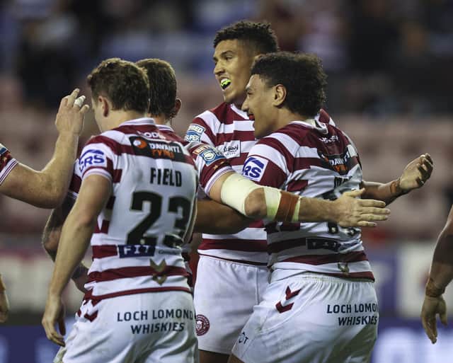 Patrick Mago celebrates his first try for Wigan