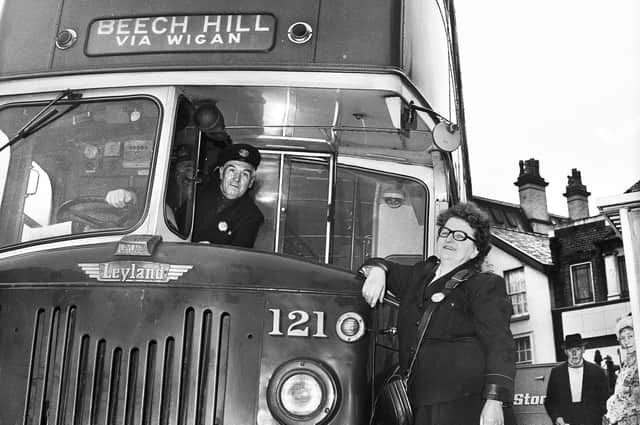 Wigan Corporation bus conductress Anne Walsh, aged 60, on her last day of work before retiring on Wednesday 12th of January 1972.
Anne first became a clippie in 1940 but was made redundant 6 years later before being back on the buses in 1952
She is pictured with driver Dick Broomhead who was her bus driver mate for the last 7 years.