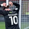 Thelo Aasgaard celebrates his dramatic winning goal at Stevenage