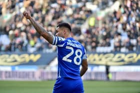 Josh Magennis celebrates his goal against Stevenage at the weekend