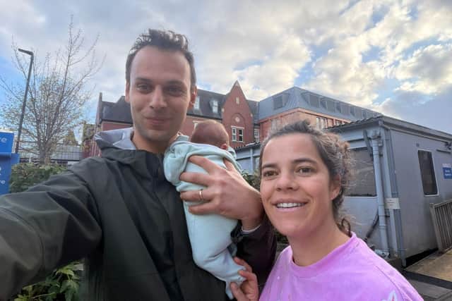 MP Josh Simons and wife Leah leaving Wigan Infirmary with their newborn son