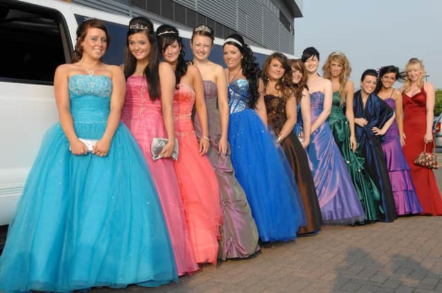 Abraham Guest High School Leavers' Ball, JJB Stadium. from left,  Lucy Smith, Stephanie Tootill, Zoey Clough, Hannah Gaskell, Gemma Melling, Joanna Spencer, Amy Whittle, Rhiannon Tompkins, Sammy-Jo Southern, Abigail Henry, Rebecca Sixsmith and Pippa Barlow.