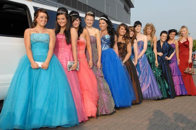 Abraham Guest High School Leavers' Ball, JJB Stadium. from left, Lucy Smith, Stephanie Tootill, Zoey Clough, Hannah Gaskell, Gemma Melling, Joanna Spencer, Amy Whittle, Rhiannon Tompkins, Sammy-Jo Southern, Abigail Henry, Rebecca Sixsmith and Pippa Barlow.