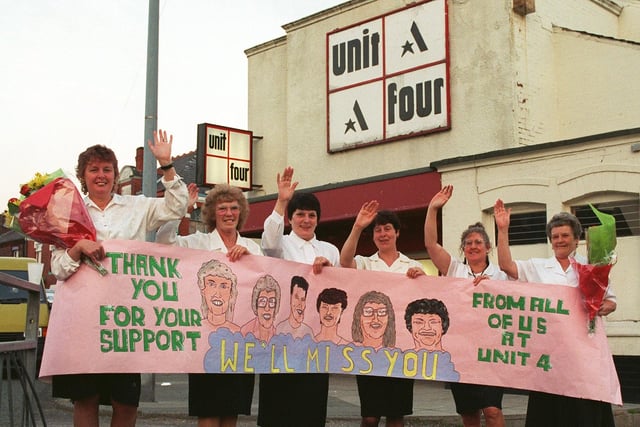 Staff at The Unit Four Cinema, in Pemberton, wave good-bye, as the last films rolled for the last time, before closure, on Thursday 15th May 1997.  Left to right are Margaret Meadows, Helen O'Loughlin, Joyce Hammond, Pam Barnes, Valerie Taberner and Maureen Anderton.