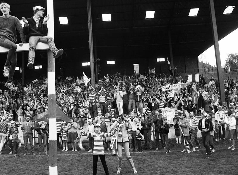 Wigan fans take every vantage point as they greet the team at Central Park on their homecoming from Wembley on Sunday 6th of May 1984.