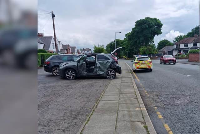 The wrecked Toyota Aygo in Prestwich on May 26