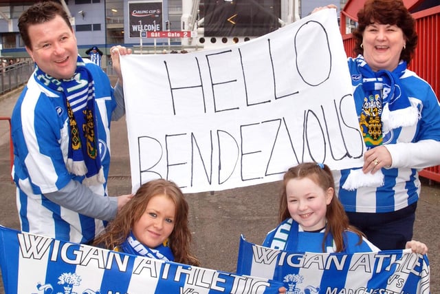 Bill Gibbon, Kirsty Gibbon, Jordann Kennedy and Alison Kennedy at the Carling Cup Final between Wigan Athletic and Manchester United at the Millennium Stadium, Cardiff, on Sunday 26th of February 2006.
