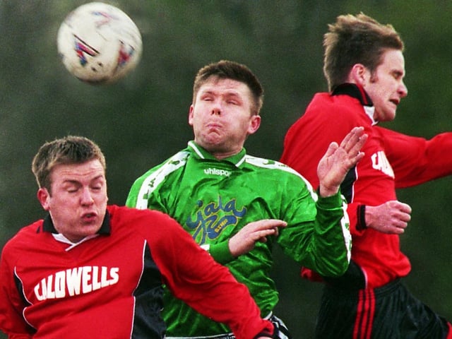Action from Winstanley St. Aidens v Pemberton Town in the Wigan Amateur League Premier Division match on Saturday 11th of March 2000. Winstanley St. Aidens won 2-0.