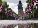 A member of the public takes a photograph on the Mall lined with Union Flags