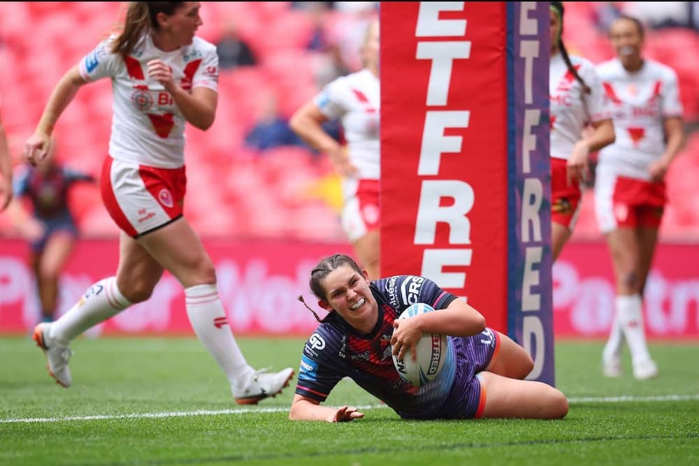 Picture by Ed Sykes/SWpix.com - 07/06/2025 - Rugby League - Betfred Women's Challenge Cup Final - St Helens v Wigan Warriors - Wembley Stadium, London, England -  Wigan Warriors' Megan Williams scores a try