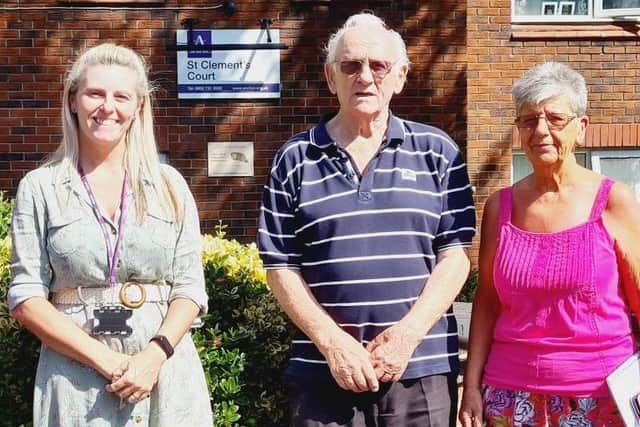 Manager, Vicky Smallwood with tenants, Ken Senior and Lil Bayliss.