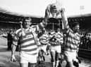 Brian Dunn parades the Challenge Cup trophy with Graeme West following the 1985 win