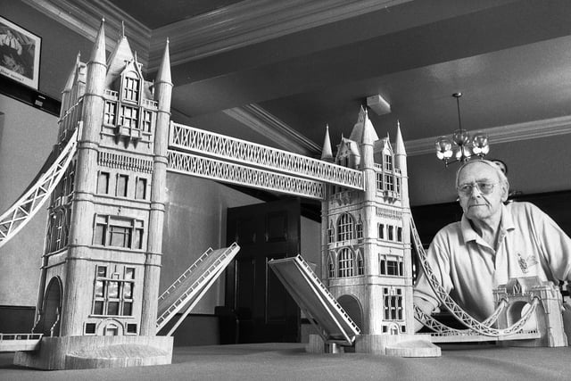 Arthur Cunliffe, aged 73, with one of his impressive matchwood models displayed in the Shamrock pub in Standish in June 1994.
This Tower Bridge model was 7ft.6ins of solid matchwood and was one of many that Arthur had constructed during his retirement as an aircraft engineer. It was considered to be one of the best in the land.