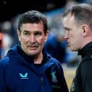 Nigel Clough (left) shares a word with Glenn Whelan before Tuesday night's game