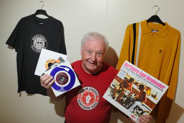 Northern Soul promoter Russ Winstanley with some of the merchandise and memorabillia he's help to produce, dedicated to Wigan Casino Club.