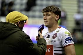 Noah Hodkinson speaks to the media after making his Wigan Warriors debut