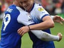 Thelo Aasgaard celebrates his late winning goal at Luton with fellow Academy graduate Callum Lang