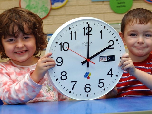 Sarah and Matthew of Douglas Valley Early Years Centre with a timely reminder in 2005