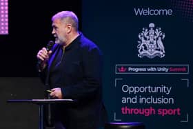 Shaun Wane, head coach of the England National Rugby League team on stage at the Progress with Unity Summit is designed to showcase opportunity and inclusion through sport held at The Edge, Wigan.