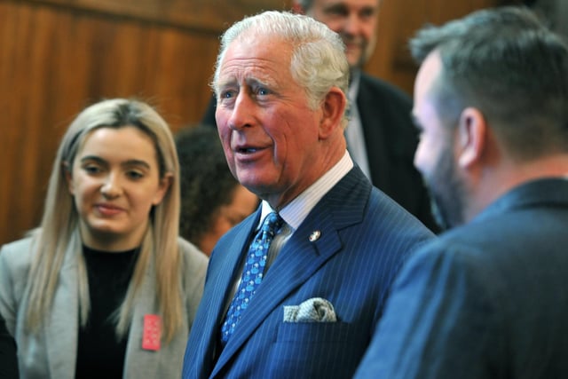 Prince Charles meets people from a variety of groups at The Old Courts, Wigan, April 2019