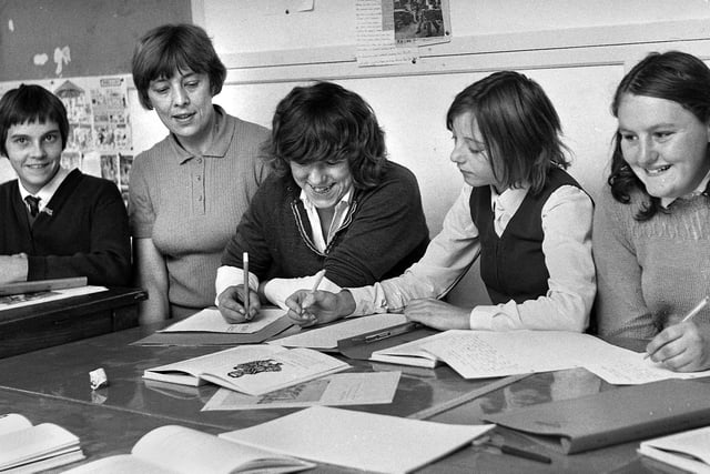 Teacher Mrs. R. Blinkman with school leavers in a humanitarian discussion group which she helped pioneer at Pemberton Secondary Girls School in September 1971.