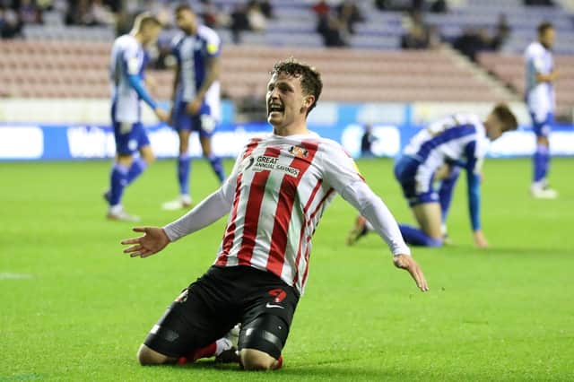 Nathan Broadhead scores against Latics last season