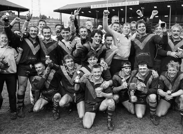 Crown Springs celebrate after beating Ince Rose Bridge 26-22 in the final of the Ken Gee Cup on Sunday 29th of May 1988 at Central Park.
