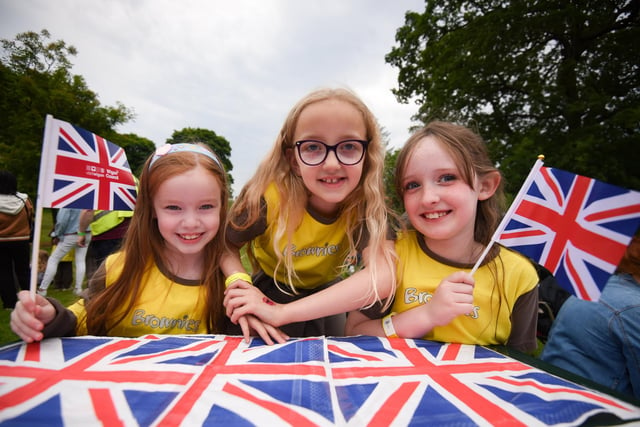 Jubilee Party at Haigh Woodland Park. Amelia Matthews, 7, Rosie Mingo, 8 and Chanelle Callow, 8.