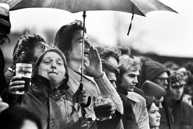 Orrell fans enjoy the day as they watch their team against Manchester in the Lancashire Cup Final at the home of Broughton Park Rugby Union Club in Chorlton-cum-Hardy on Sunday 20th of April 1975.
Orrell won the match 9-3.