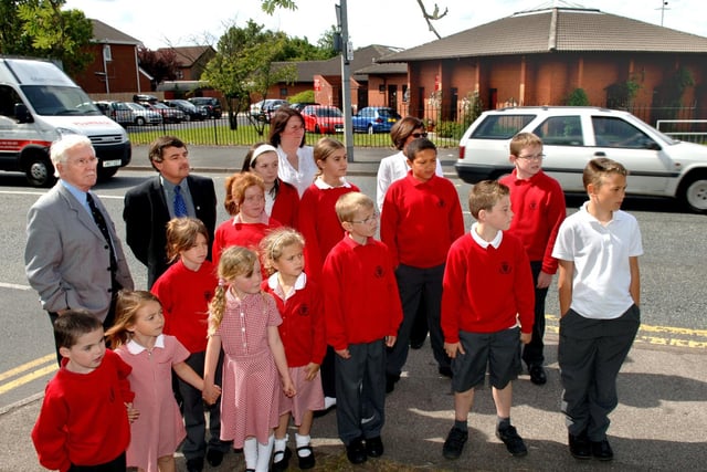 2008 - Supporting the plea for a road crossing on the busy Bolton Road past Aspull Church School are councillors John Hilton and Chris Ready with pupils, Head, Carol Aspinall and Assistant Head, Jacqui Seddon.