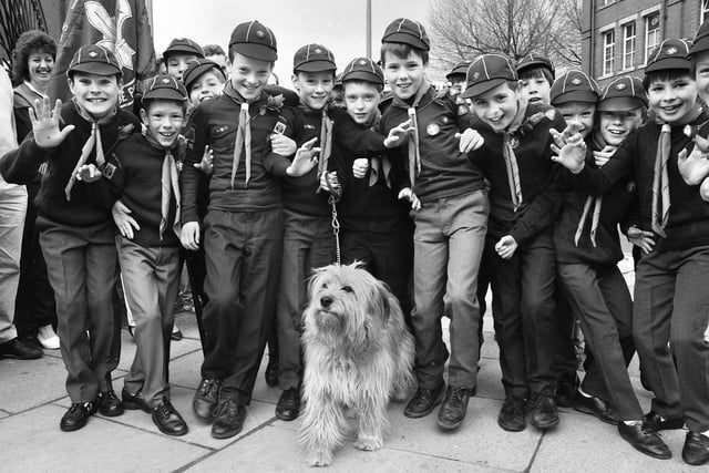 Just walking the dog are the 27th Wigan St. Aidans Cubs with Pip at the annual St. George's Day parade on Sunday 23rd of April 1989.