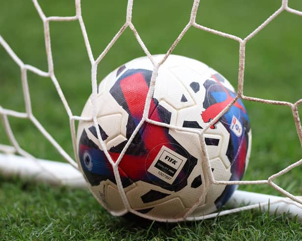 STOKE ON TRENT, ENGLAND - APRIL 29: The Sky Bet Championship match ball is seen in the goal prior to the Sky Bet Championship between Stoke City and Queens Park Rangers at Bet365 Stadium on April 29, 2023 in Stoke on Trent, England. (Photo by Nathan Stirk/Getty Images)