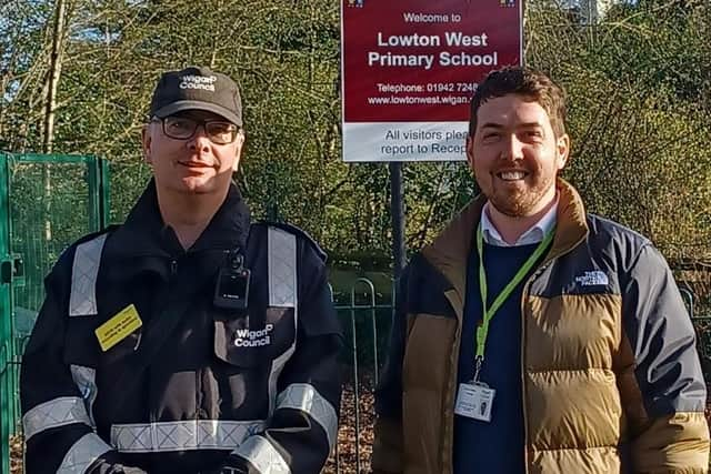 Police were joined by traffic wardens and Wigan Council experts at Lowton West Primary School