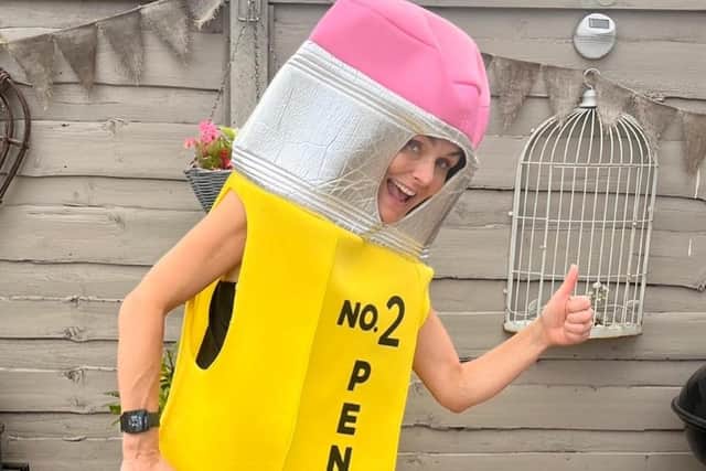Belinda Neild dressed as a pencil and ready for action!