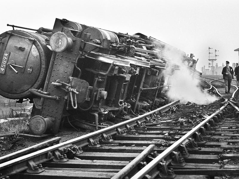 A train derailed near Platt Bridge Junction signal box in the 1960s.