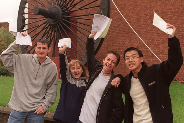 Wigan & Leigh College students, from left,  David Hill, Keri-Jayne Bolton, John Shelhorn and Andrew Wong show their delight with the A-Level results.
